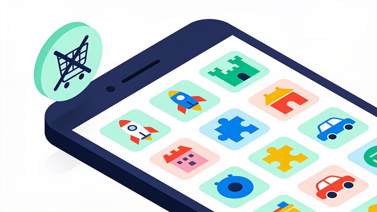 Smartphone with a grid of colorful game icons and a crossed-out shopping cart badge