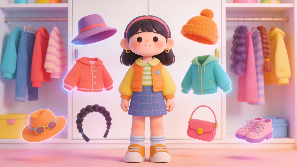 Cartoon avatar in front of a wardrobe of floating clothes, hats and accessories