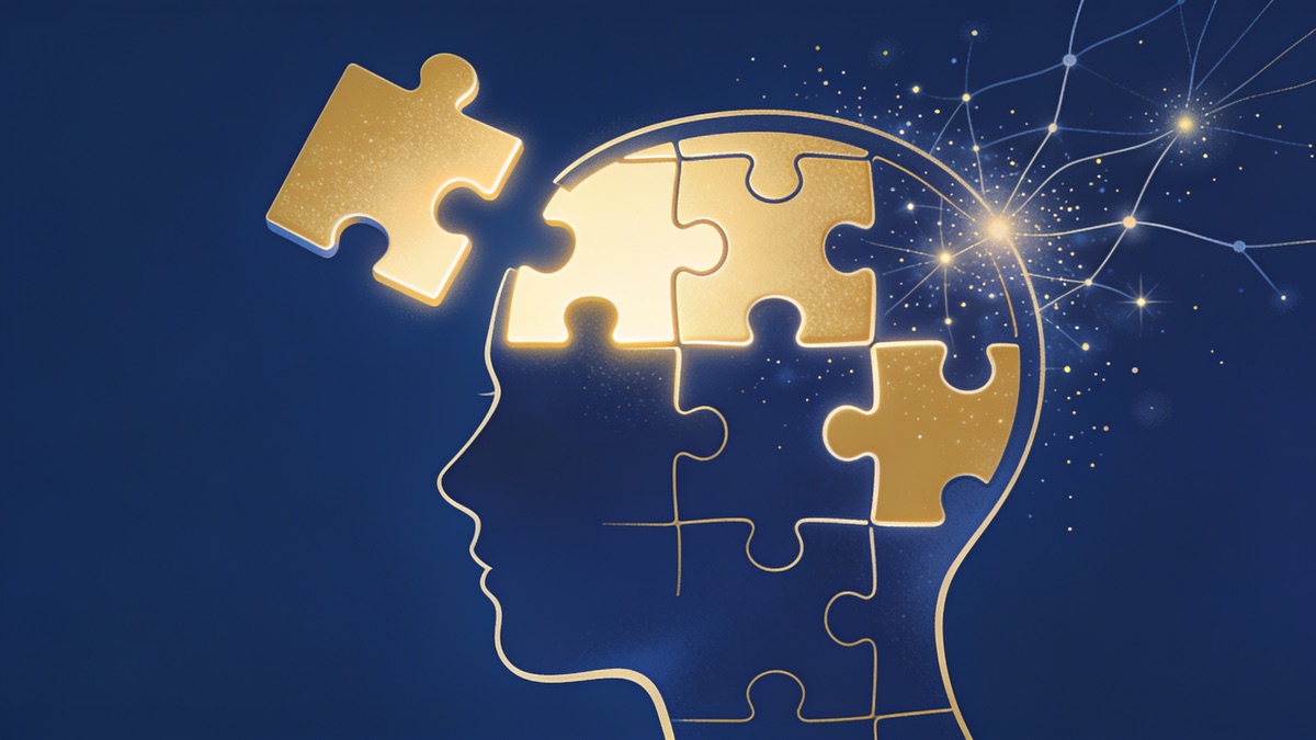 Head silhouette made of golden puzzle pieces with one piece floating in