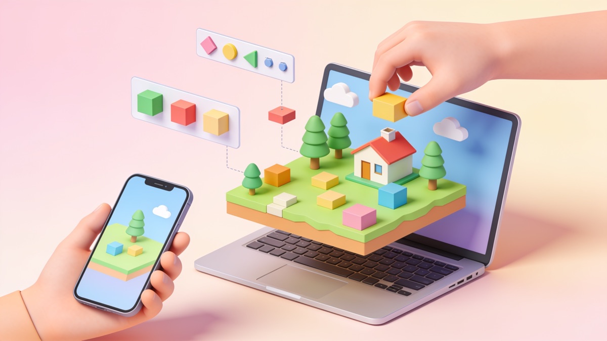 Virtual world with trees and a house being built on a laptop and a phone