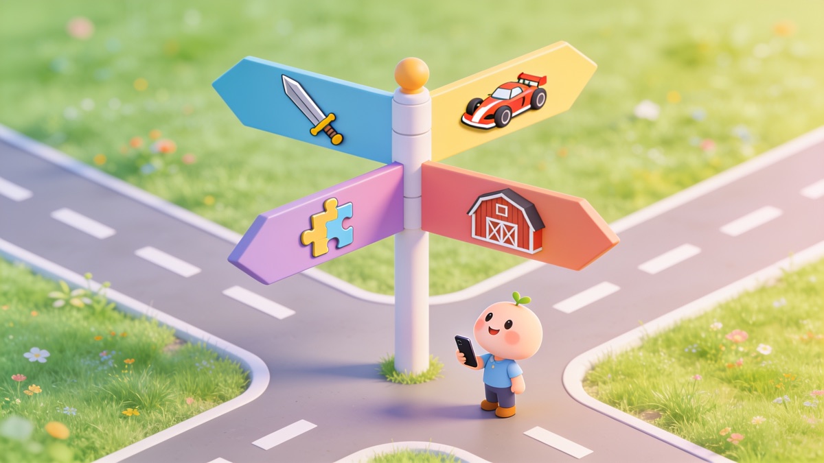 Cartoon character with a phone at a signpost pointing to action, racing, puzzle and farming games