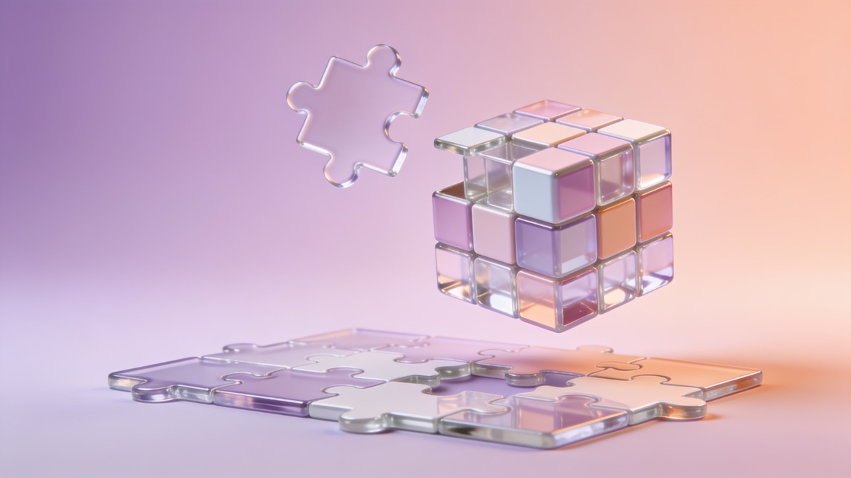 Glass puzzle pieces and a floating pastel cube on a lilac background