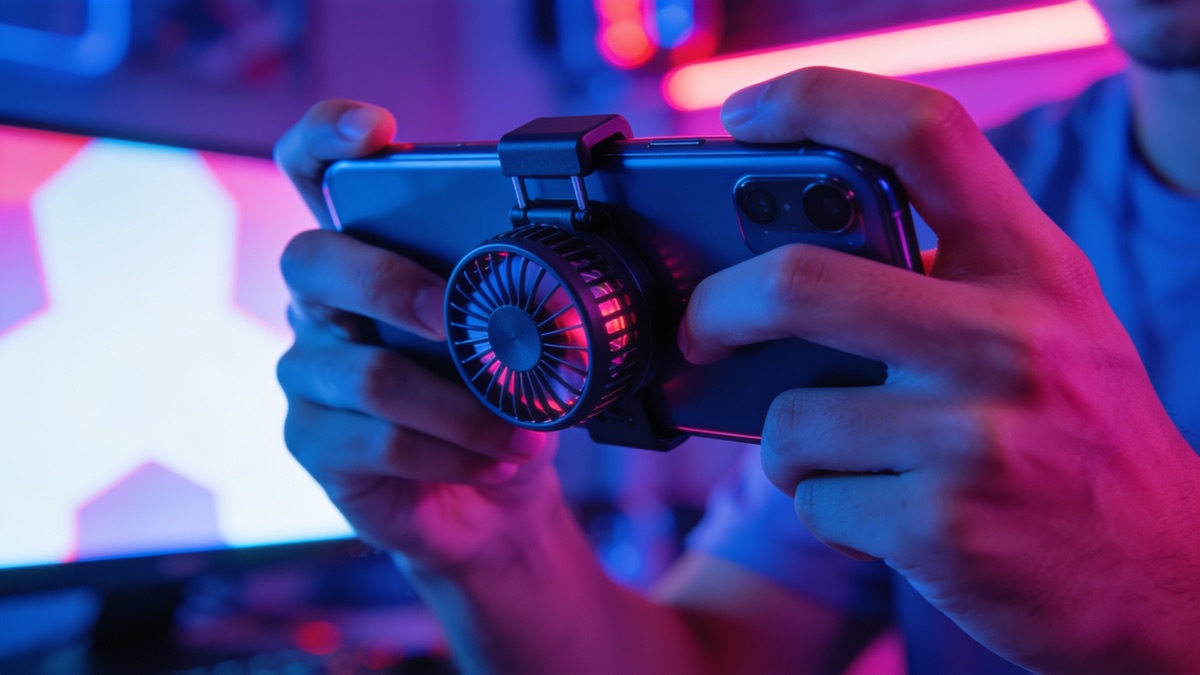 Hands gripping a smartphone with a cooling fan clip under neon gaming lights
