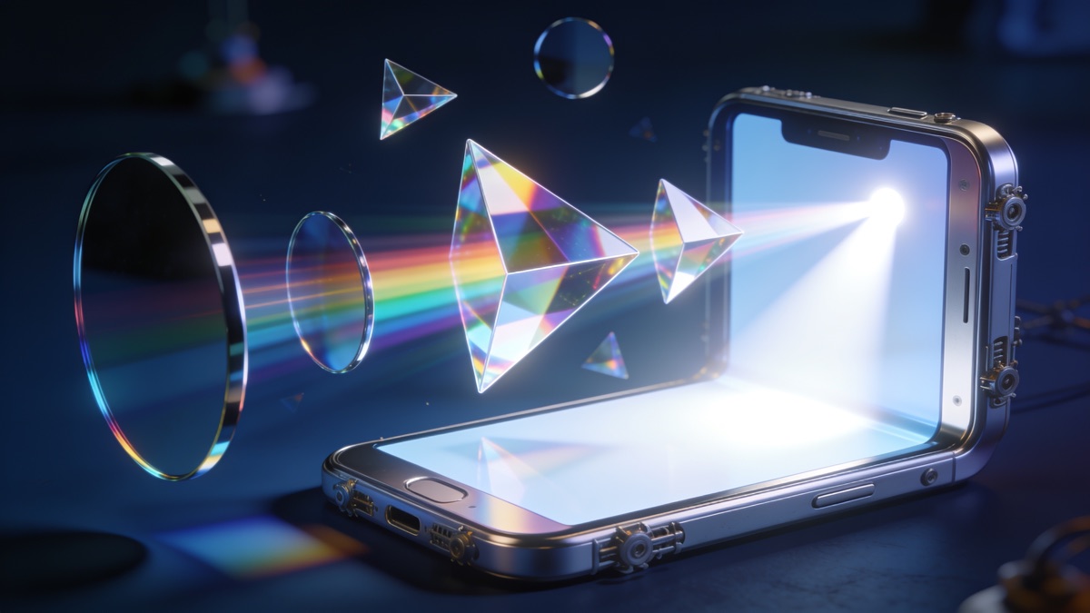 Light beam bouncing between floating mirrors and prisms from a smartphone