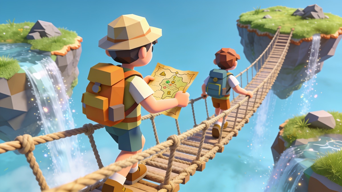 Cartoon explorers with a map crossing a rope bridge between floating islands