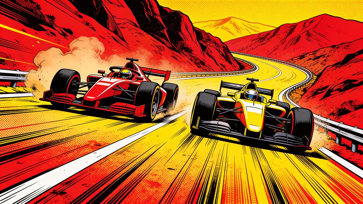 Comic-style illustration of two race cars side by side on a mountain road