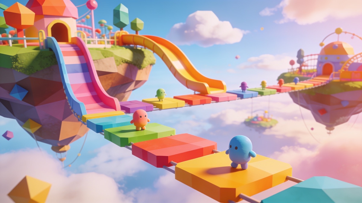 Colorful floating island park with slides and an obstacle course of platforms