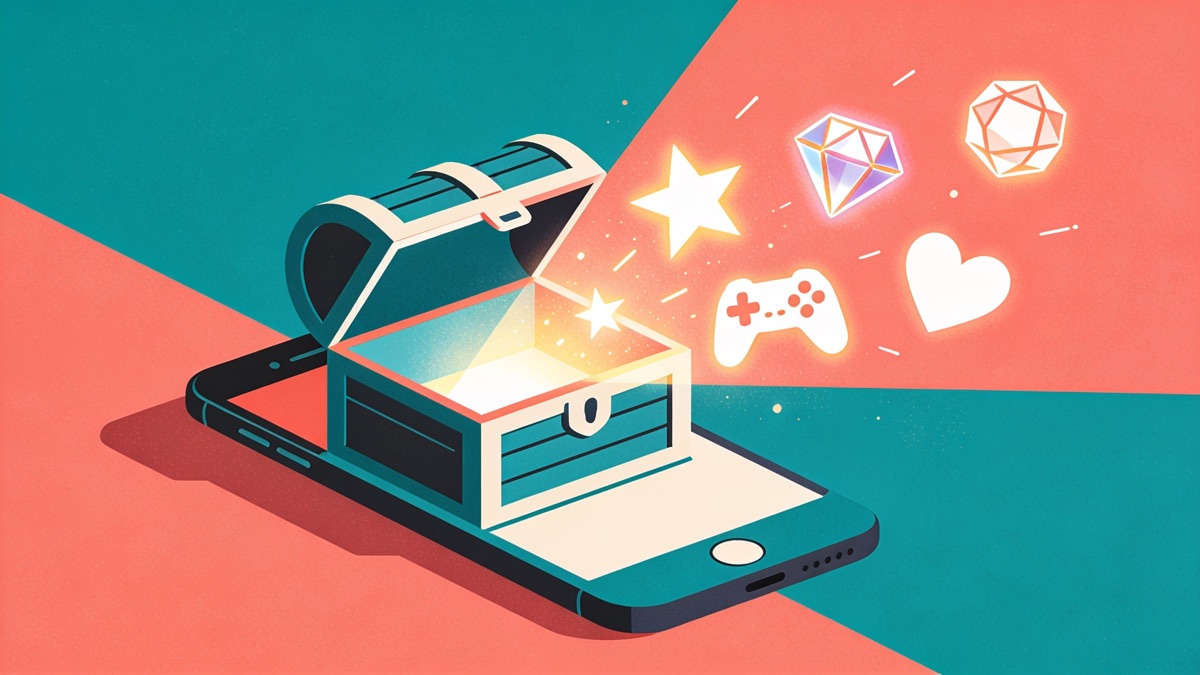 Treasure chest opening from a phone screen with stars, gems and a game controller flying out