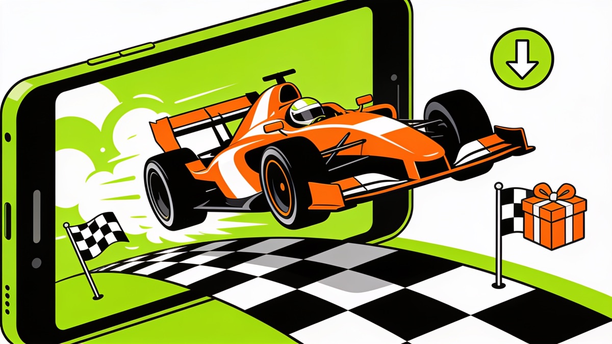 Race car bursting out of a phone screen onto a checkered road with a download arrow and gift