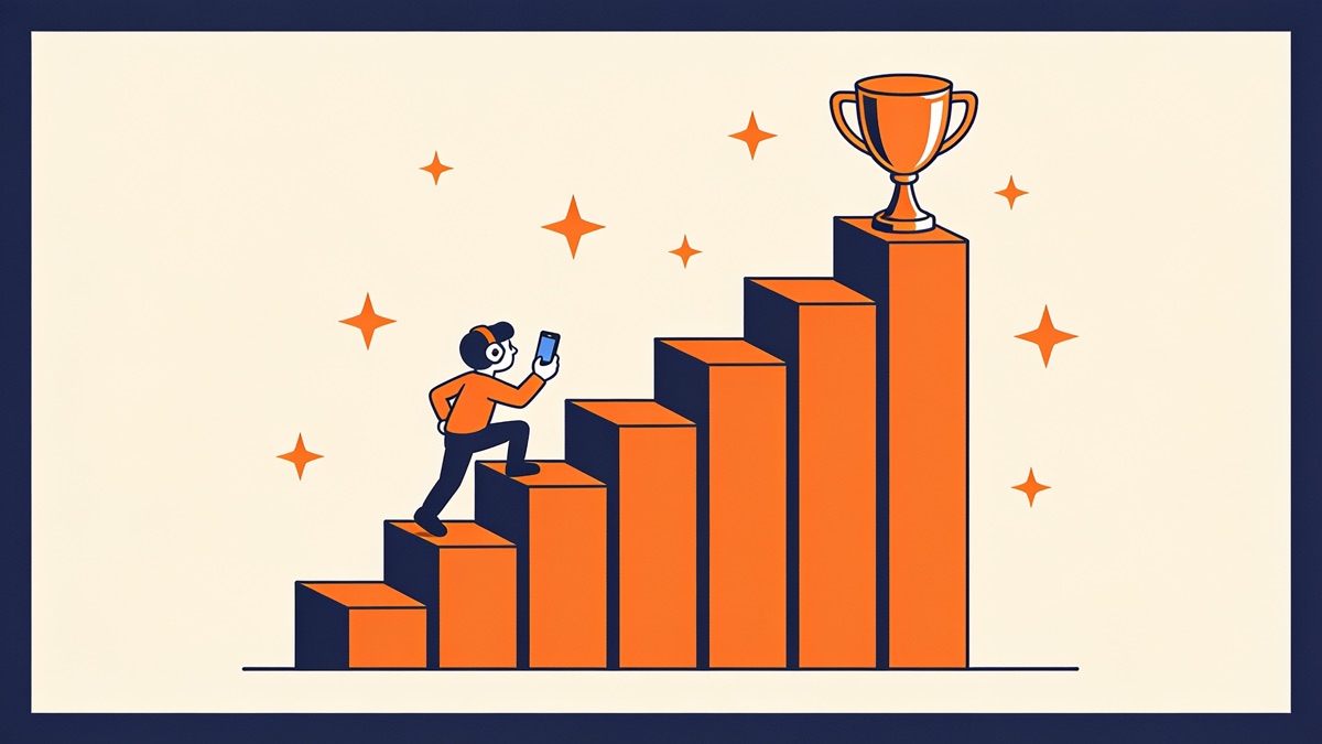 Gamer with a phone climbing bar-chart steps toward a trophy