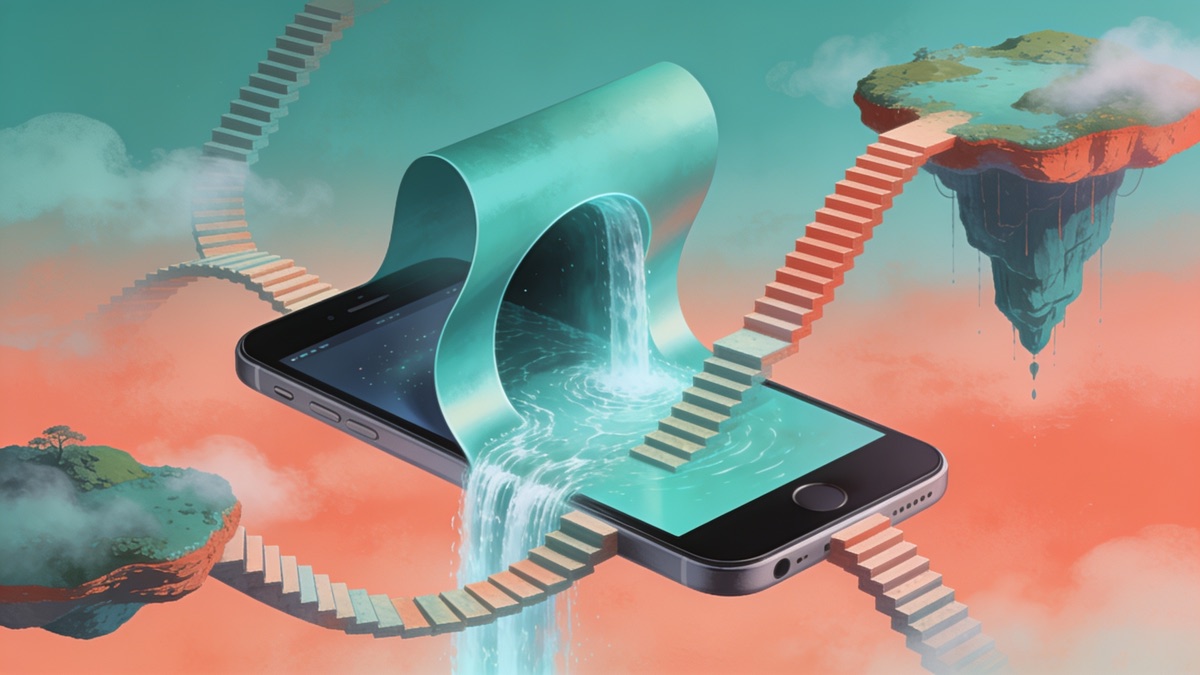 Phone screen bending into a portal with floating stairs, islands and a waterfall
