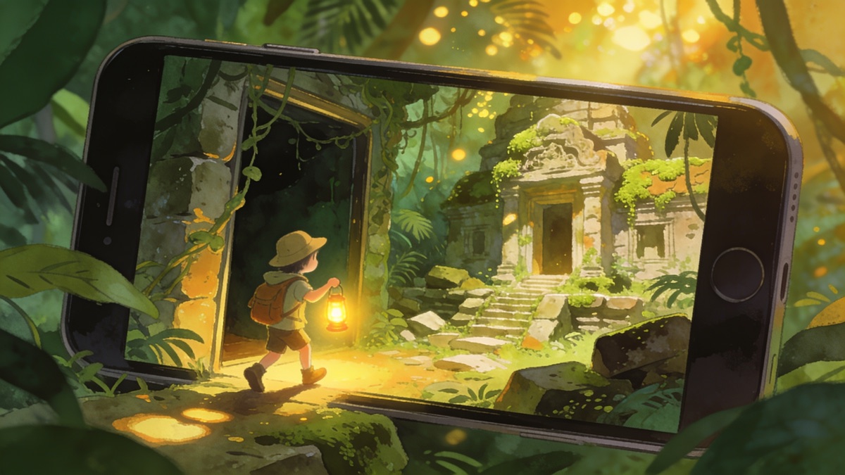Young explorer with a lantern stepping from a phone screen into a jungle with ancient ruins
