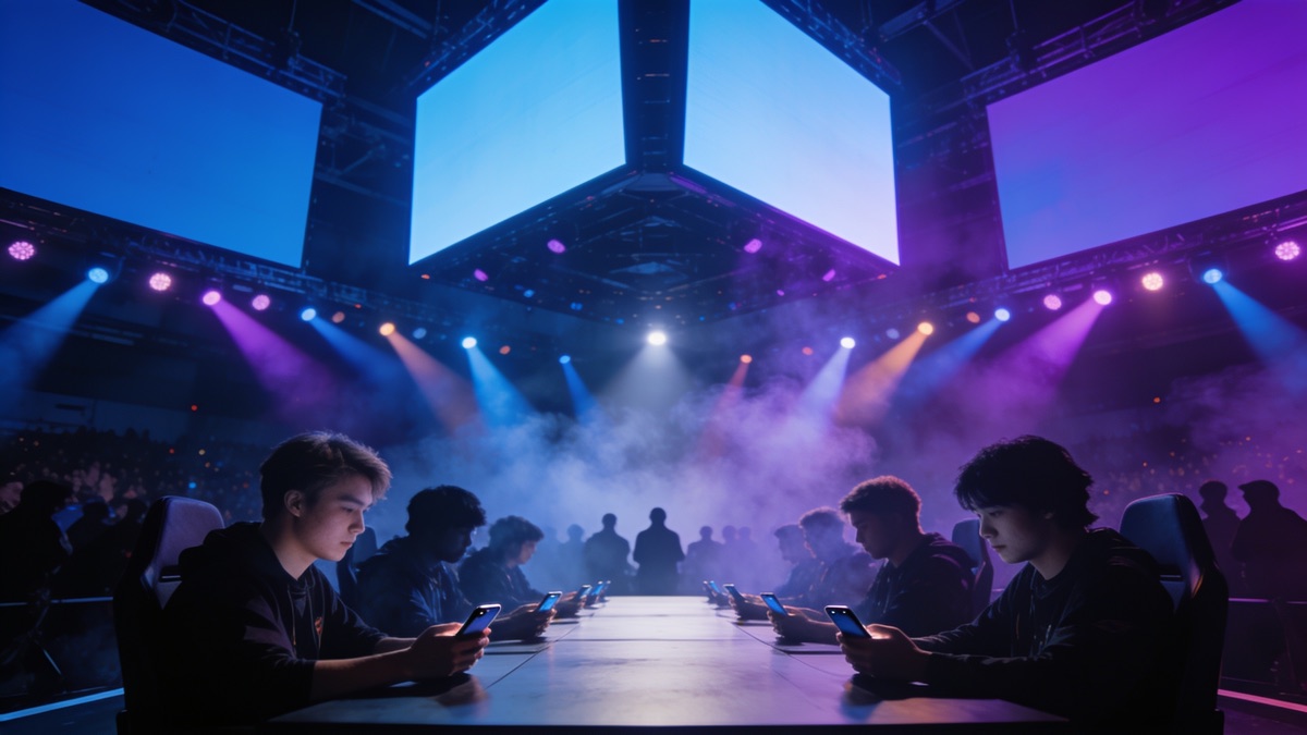 Mobile esports tournament stage with players holding smartphones under blue and purple lights