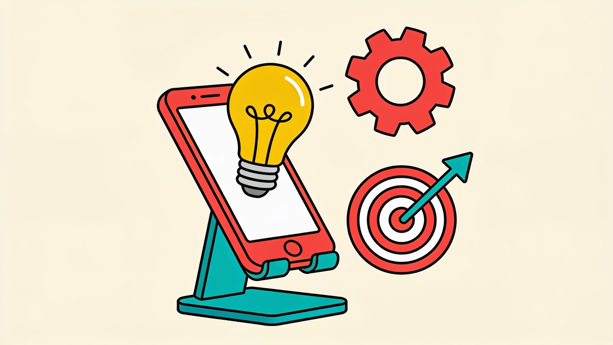 Phone on a stand with a lightbulb, a gear and a target with an arrow