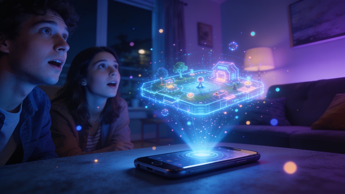 Smartphone projecting a holographic game world into a living room at night