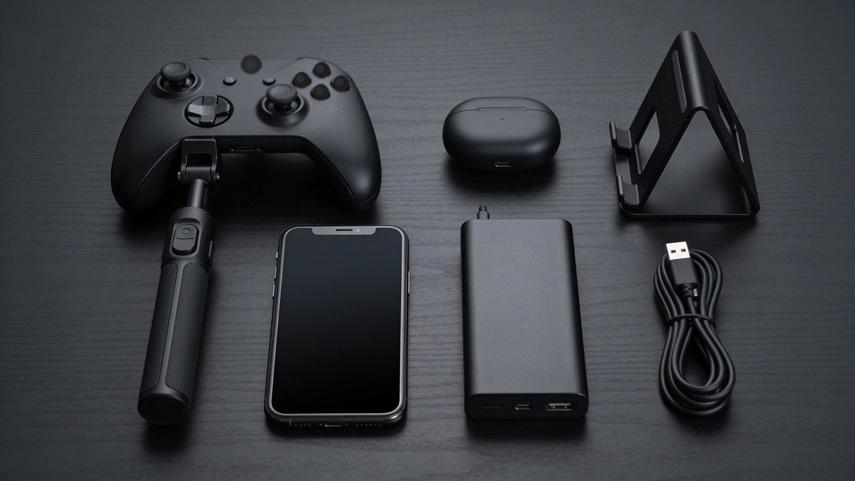 Mobile gaming setup on a dark desk with controller clip, earbuds case, power bank, stand and cable