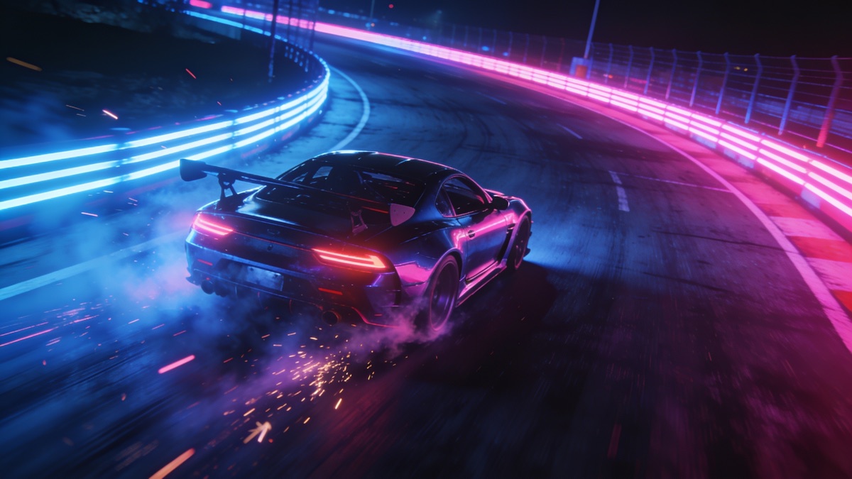 Sports car drifting at night on a neon-lit race track with sparks