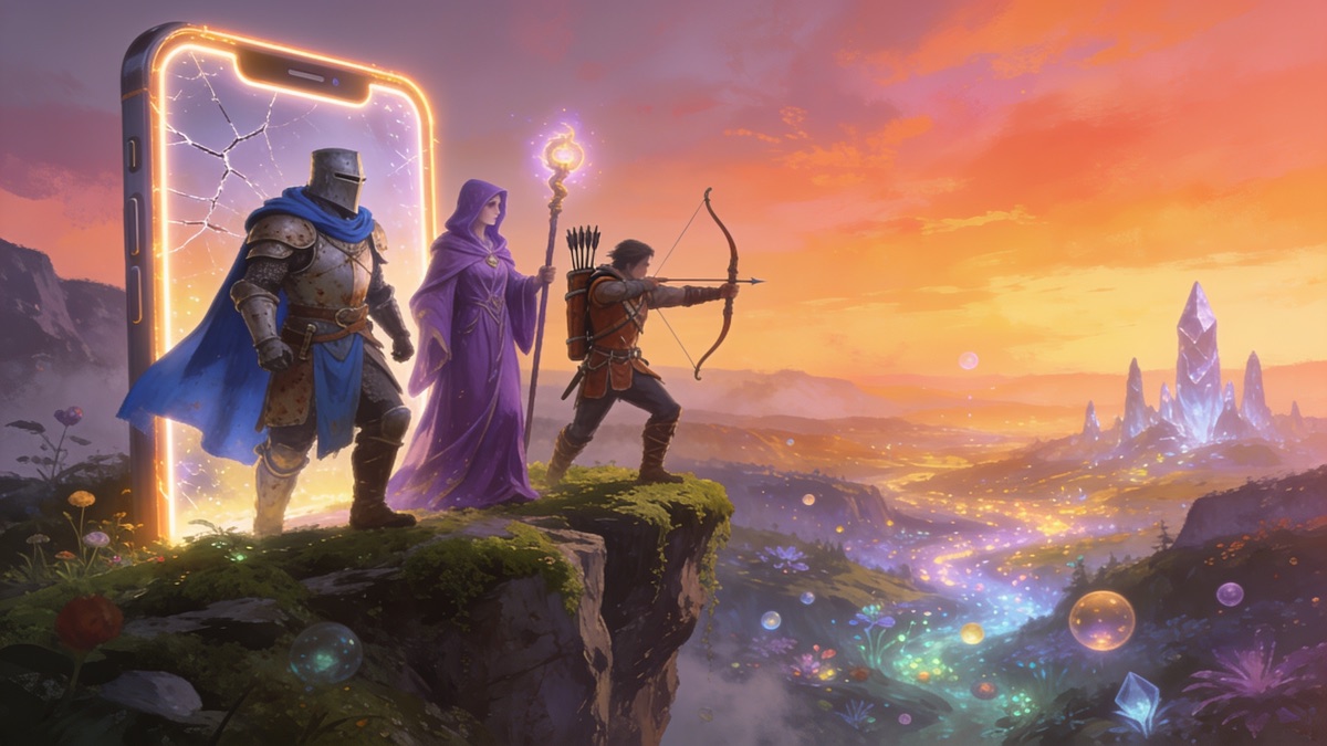 Knight, mage and archer on a cliff overlooking a glowing fantasy valley beside a giant phone