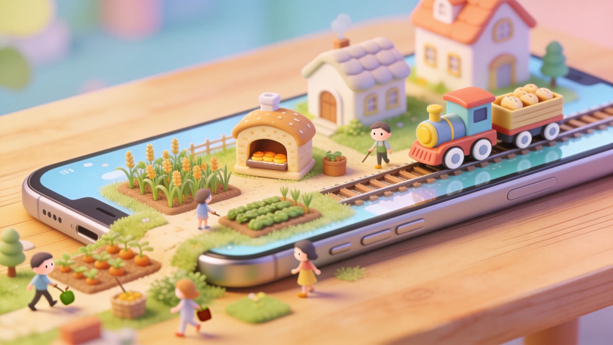 Miniature town simulation with farms, a bakery and a train spilling out of a smartphone