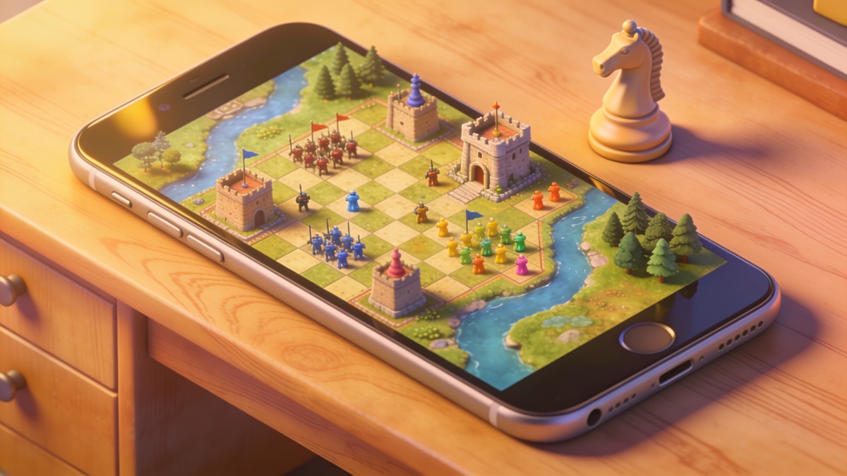Smartphone showing a miniature strategy game board with castles and armies next to a chess knight