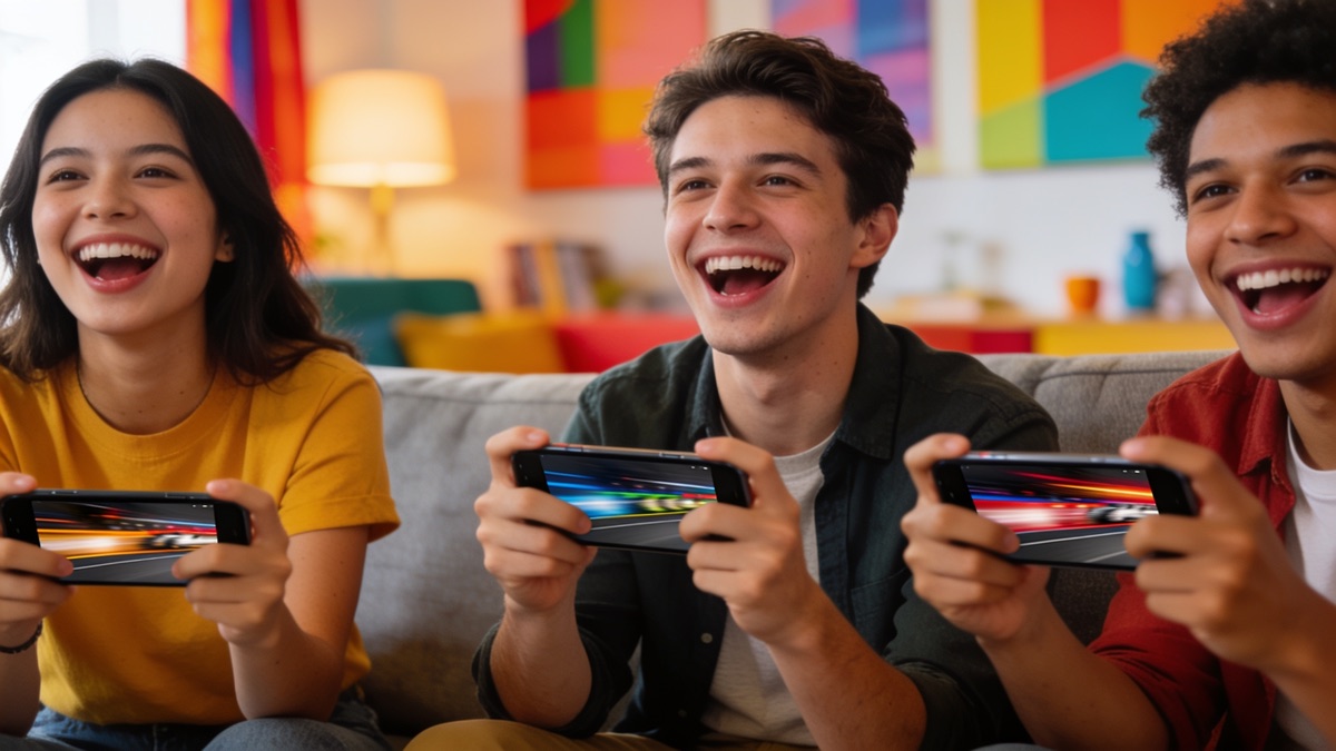 Three friends laughing on a couch while racing each other on their phones