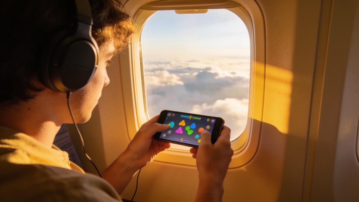 Person with headphones playing a mobile game by an airplane window above the clouds