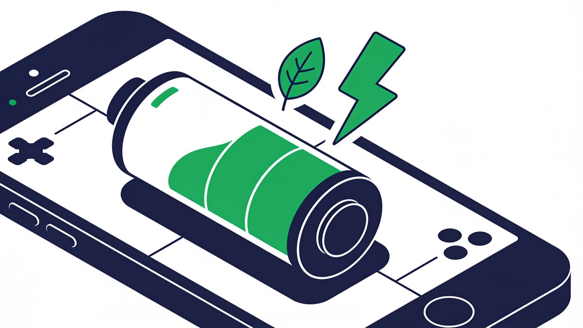 Smartphone with a large green battery icon, a leaf and a lightning bolt