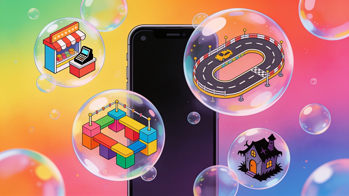 Smartphone surrounded by bubbles with a shop, a race track, an obstacle course and a spooky house