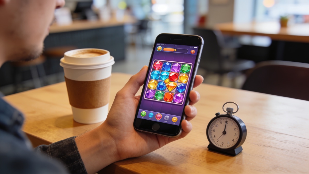 Person on a coffee break playing a gem puzzle game next to a coffee cup and a timer