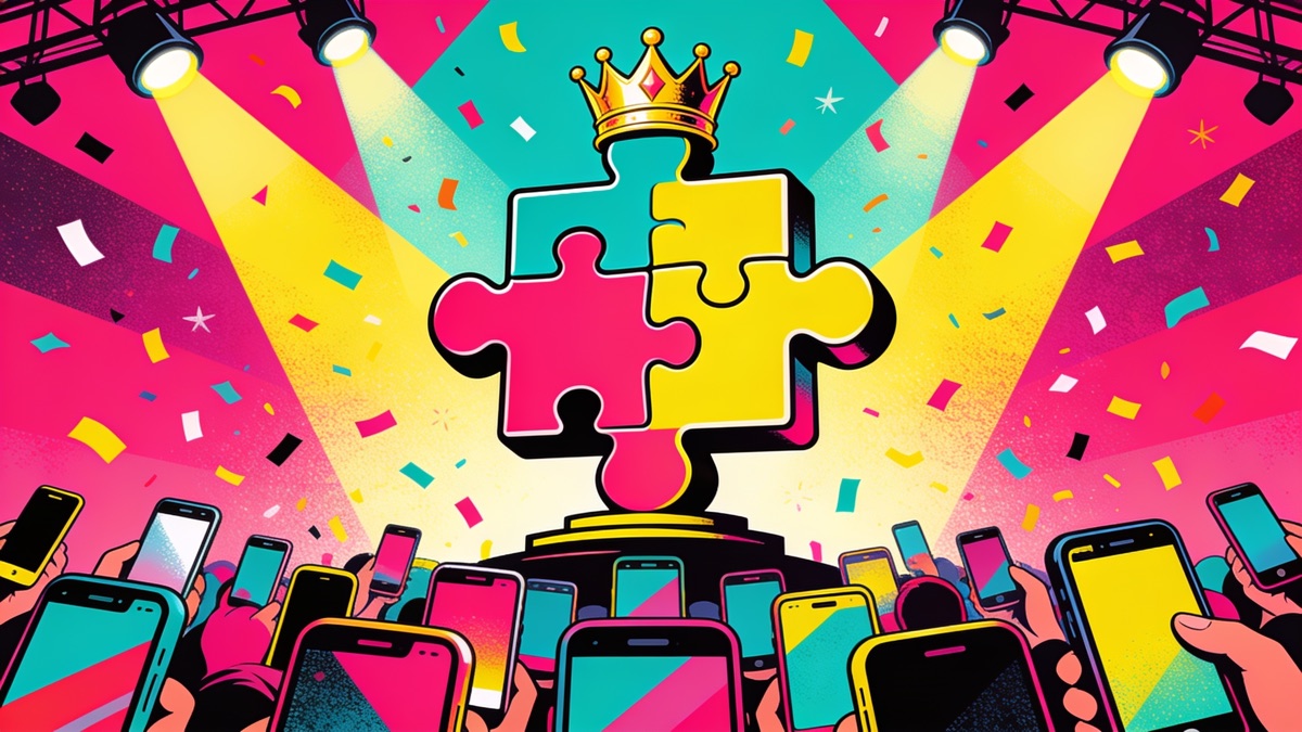Crowned puzzle piece rising above a crowd of smartphones with confetti and spotlights