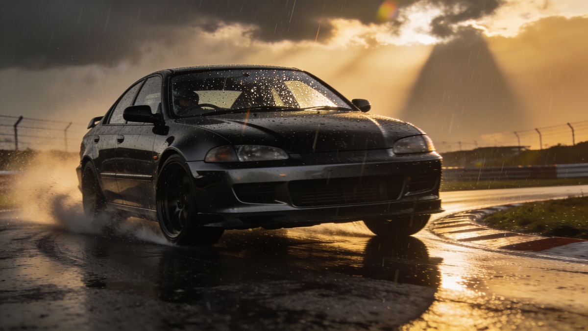 Sedan cornering on a wet race circuit at dusk with water spray