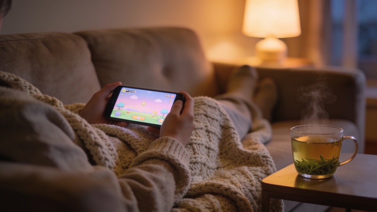 Person relaxing on a sofa with a blanket, playing a calm mobile game next to a cup of tea