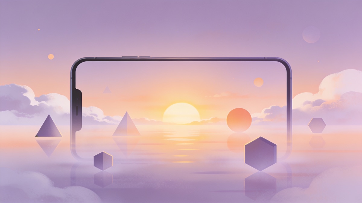 Phone frame over a calm pastel sunset with floating geometric shapes